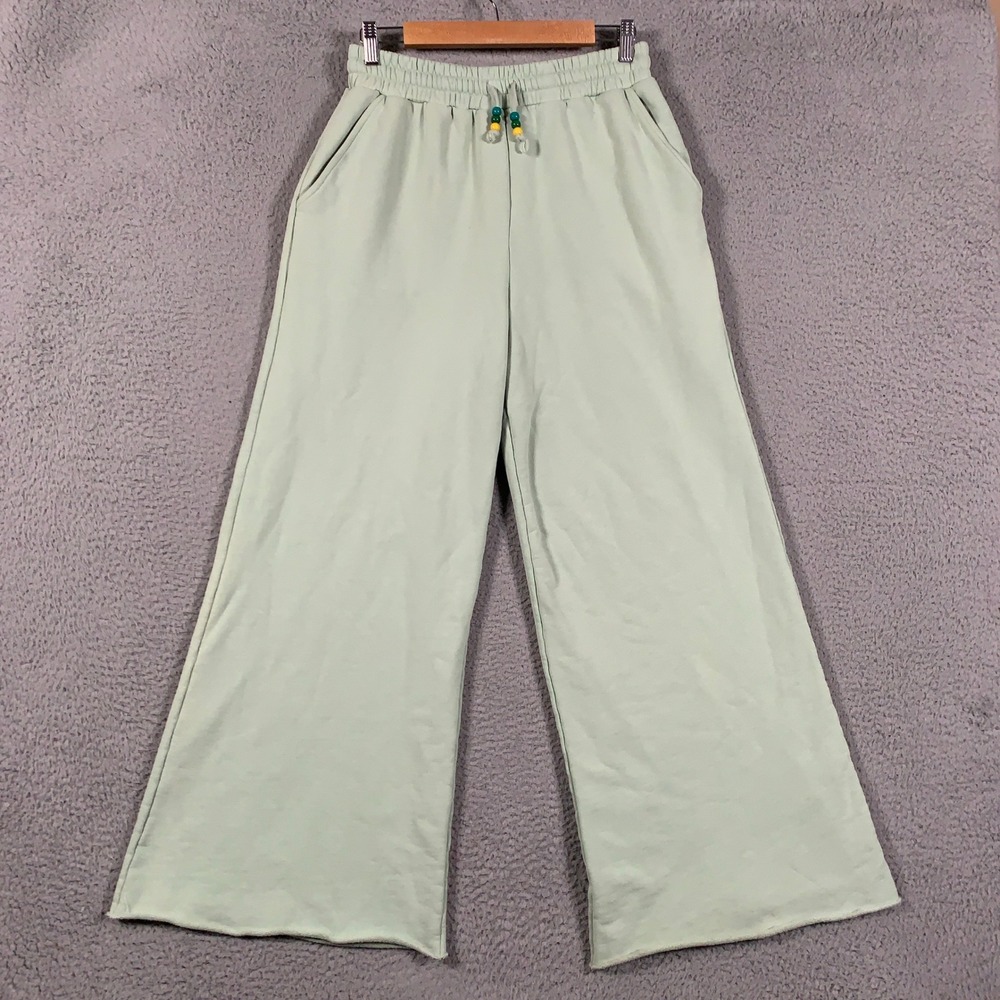 STAUD Wide Leg Sweatpants Women's Medium M Sage Fleece Raw Hem Beaded Drawstring
